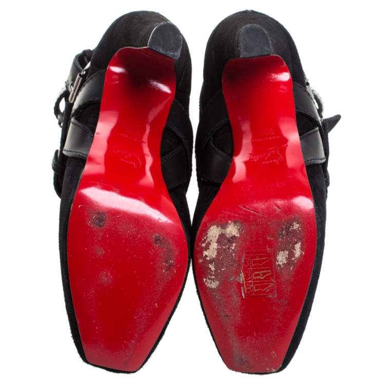 Pre Owned Christian Louboutin Black Suede Leather Guerriere 120 Buckle Platform Ankle Boots Size 38.5