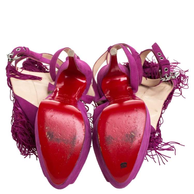 Pre Owned Christian Louboutin Fuchsia Suede Change Of The Guard Cross Ankle Strap Sandals Size 36