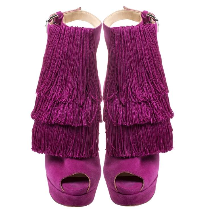 Pre Owned Christian Louboutin Fuchsia Suede Change Of The Guard Cross Ankle Strap Sandals Size 36