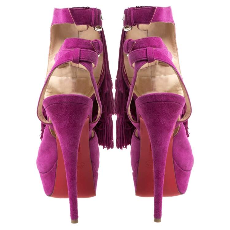 Pre Owned Christian Louboutin Fuchsia Suede Change Of The Guard Cross Ankle Strap Sandals Size 36