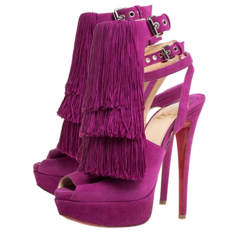 Pre Owned Christian Louboutin Fuchsia Suede Change Of The Guard Cross Ankle Strap Sandals Size 36