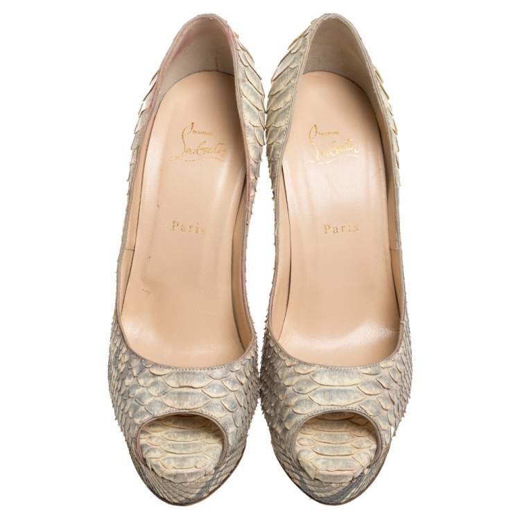 Pre Owned Christian Louboutin Grey/Beige Python Leather Altadama Peep Toe Platform Pumps Size 41