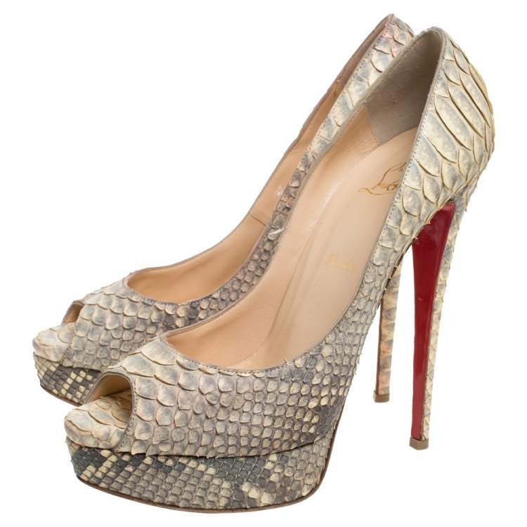 Pre Owned Christian Louboutin Grey/Beige Python Leather Altadama Peep Toe Platform Pumps Size 41