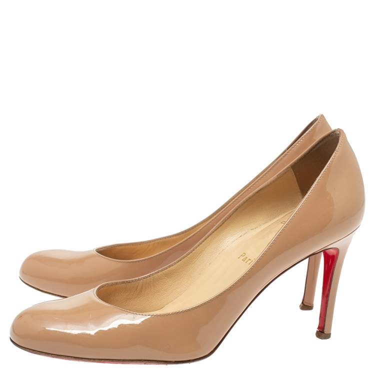 Pre Owned Christian Louboutin Beige Patent Leather Simple Pumps Size 37.5