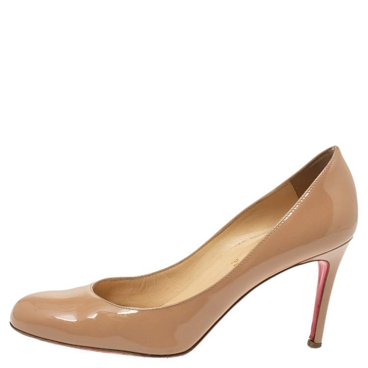 Pre Owned Christian Louboutin Beige Patent Leather Simple Pumps Size 37.5