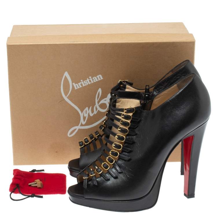 Pre Owned Christian Louboutin Black Leather Manon Buckle Details Platform Booties Size 39.5