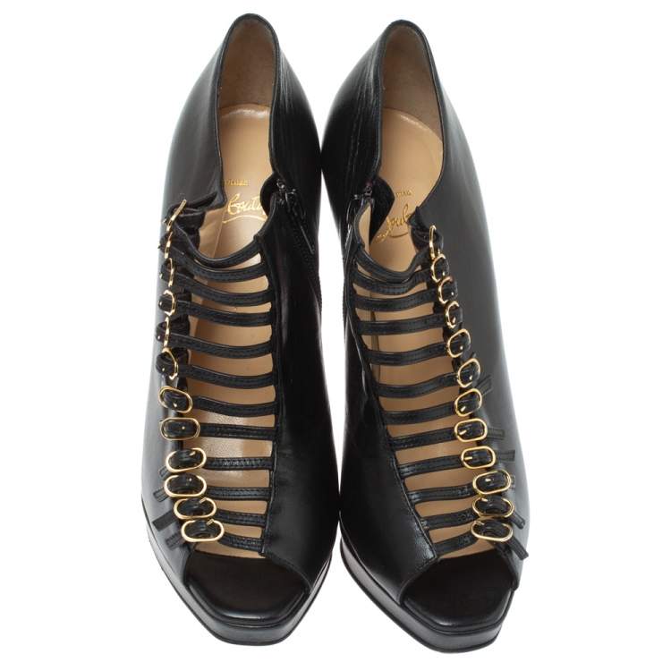Pre Owned Christian Louboutin Black Leather Manon Buckle Details Platform Booties Size 39.5