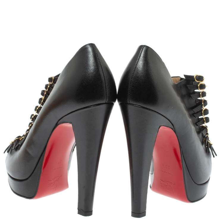 Pre Owned Christian Louboutin Black Leather Manon Buckle Details Platform Booties Size 39.5