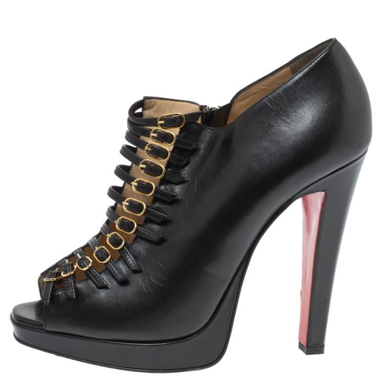 Pre Owned Christian Louboutin Black Leather Manon Buckle Details Platform Booties Size 39.5