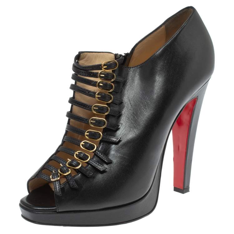 Pre Owned Christian Louboutin Black Leather Manon Buckle Details Platform Booties Size 39.5