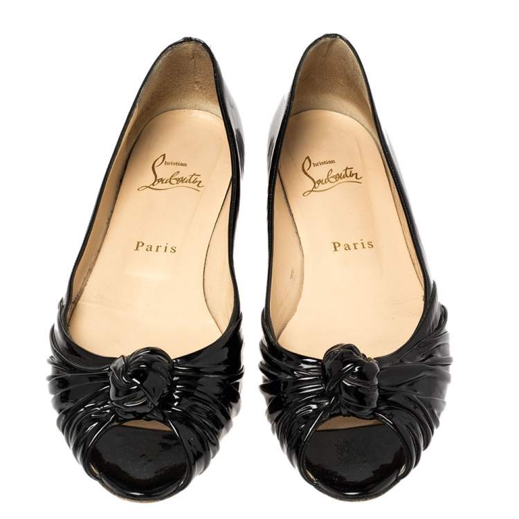 Pre Owned Christian Louboutin Black Patent Leather Turban Peep Toe Ballet Flats Size 38