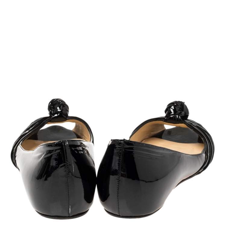 Pre Owned Christian Louboutin Black Patent Leather Turban Peep Toe Ballet Flats Size 38