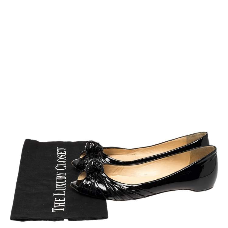 Pre Owned Christian Louboutin Black Patent Leather Turban Peep Toe Ballet Flats Size 38