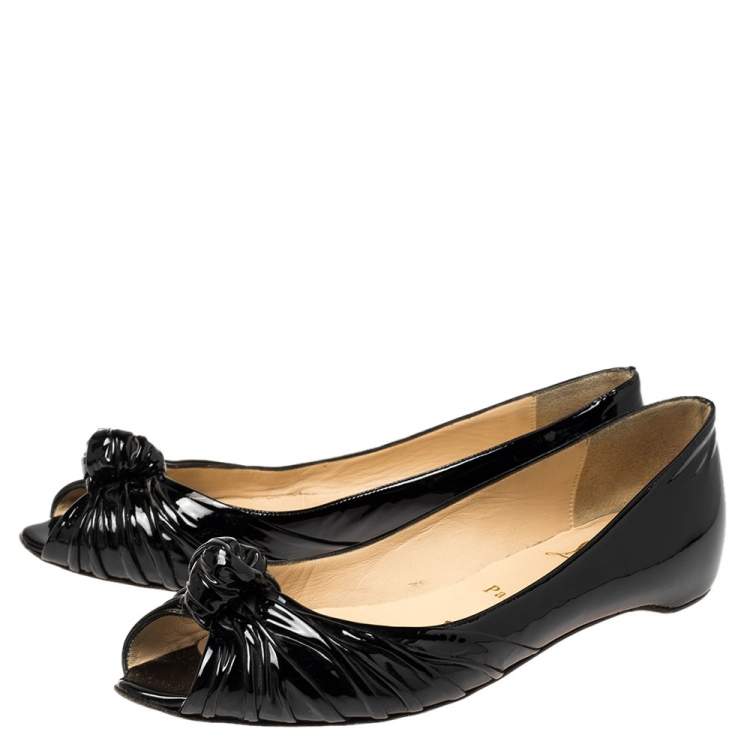 Pre Owned Christian Louboutin Black Patent Leather Turban Peep Toe Ballet Flats Size 38