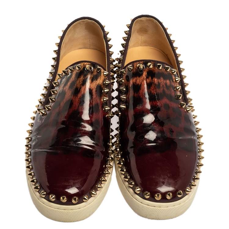 Pre Owned Christian Louboutin Leopard Print Patent Leather Pik Boat Studded Slip On Loafers Size 37