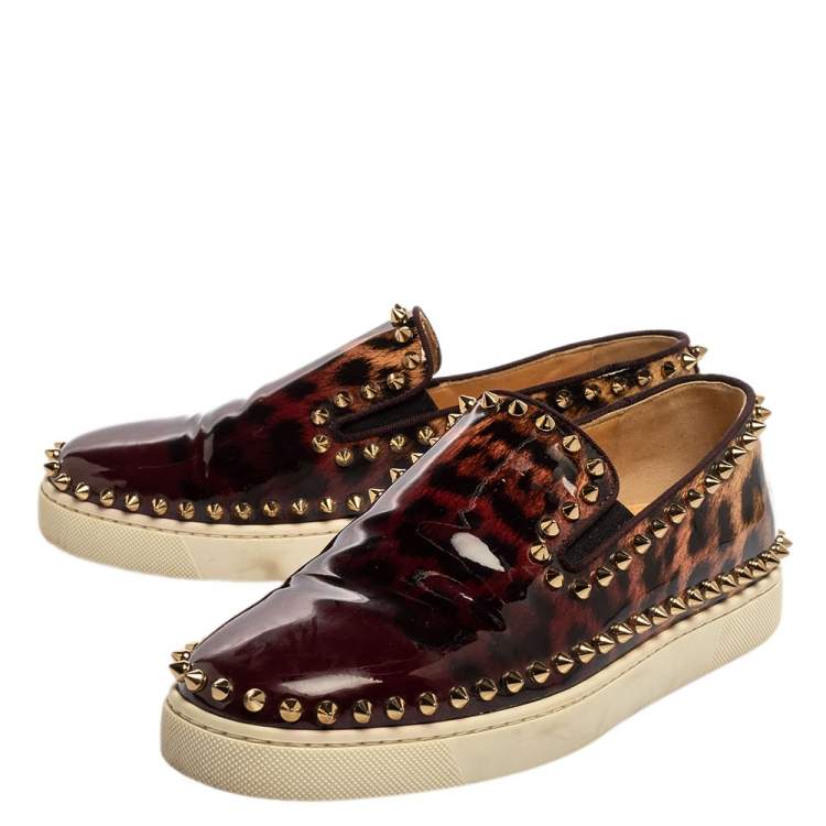 Pre Owned Christian Louboutin Leopard Print Patent Leather Pik Boat Studded Slip On Loafers Size 37