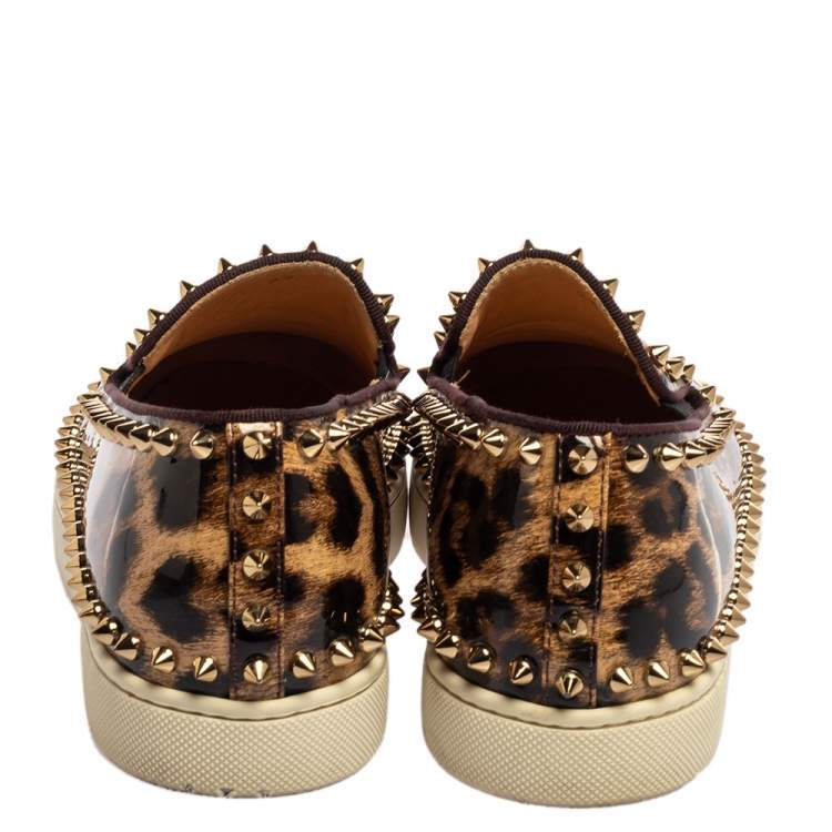 Pre Owned Christian Louboutin Leopard Print Patent Leather Pik Boat Studded Slip On Loafers Size 37