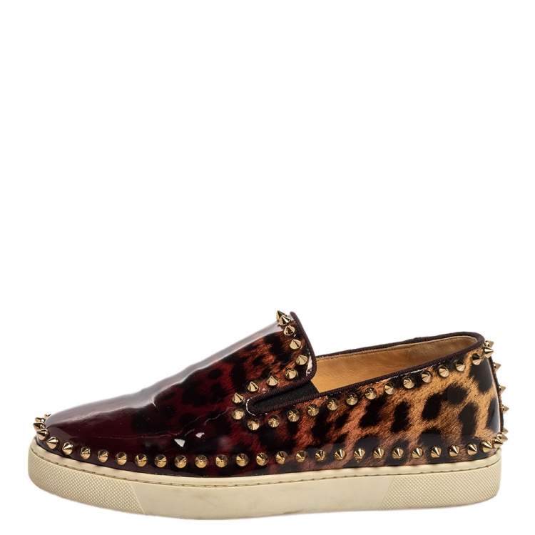 Pre Owned Christian Louboutin Leopard Print Patent Leather Pik Boat Studded Slip On Loafers Size 37