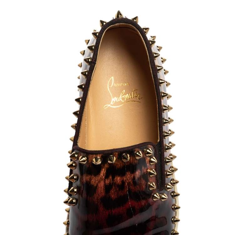 Pre Owned Christian Louboutin Leopard Print Patent Leather Pik Boat Studded Slip On Loafers Size 37