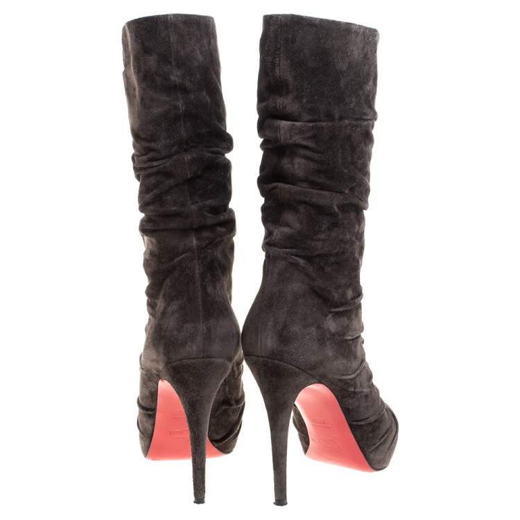 Pre Owned Christian Louboutin Dark Brown Pleated Suede Prios Mid Calf Boots Size 39.5