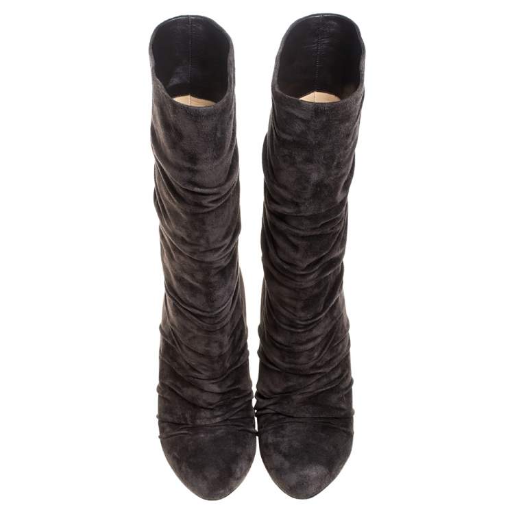 Pre Owned Christian Louboutin Dark Brown Pleated Suede Prios Mid Calf Boots Size 39.5