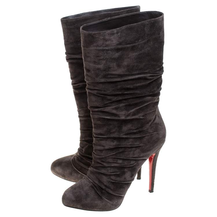 Pre Owned Christian Louboutin Dark Brown Pleated Suede Prios Mid Calf Boots Size 39.5
