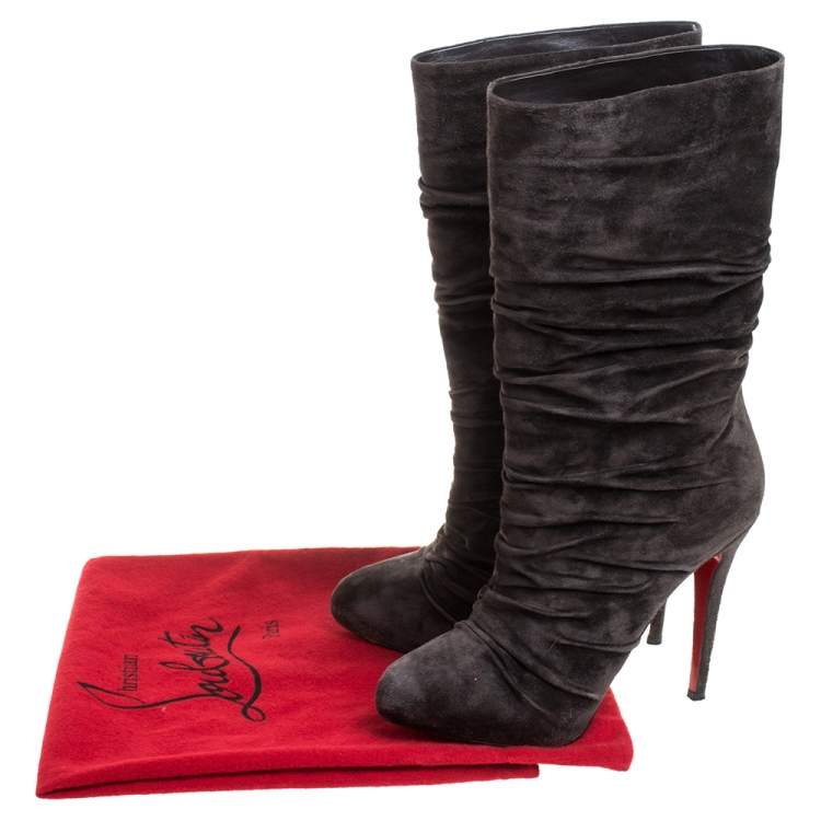 Pre Owned Christian Louboutin Dark Brown Pleated Suede Prios Mid Calf Boots Size 39.5