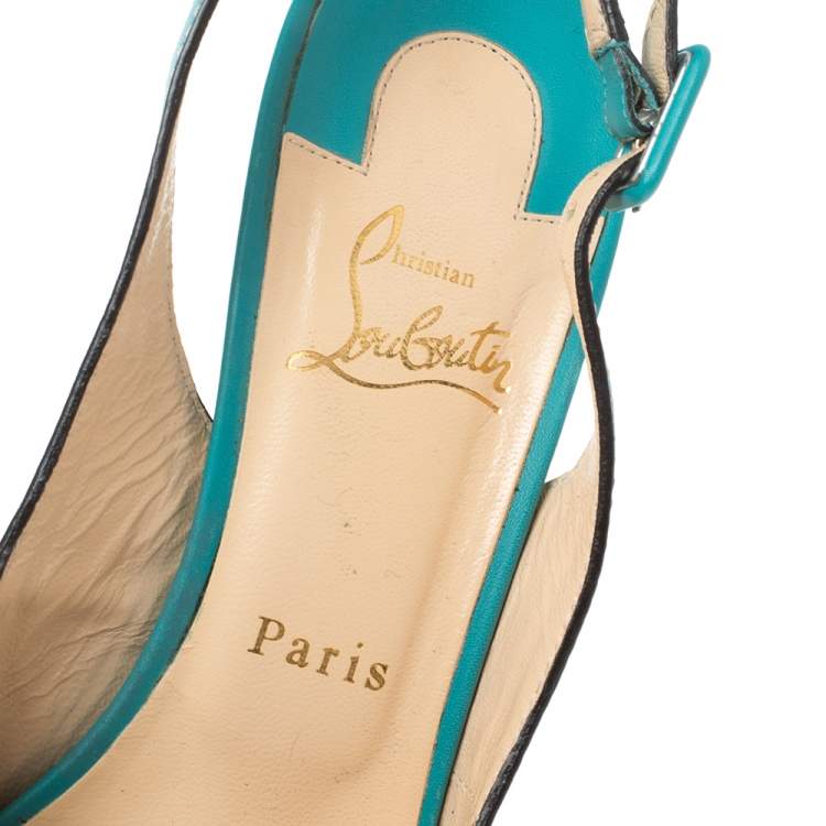 Pre Owned Christian Louboutin Turqouise Leather Peep Toe Platform Slingback Sandals Size 40
