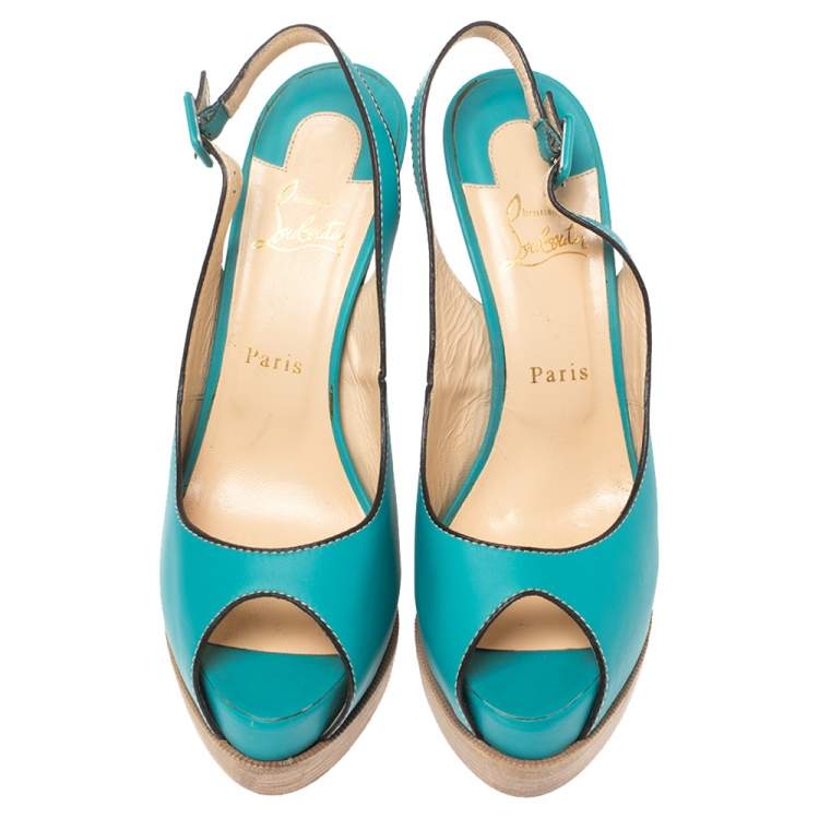 Pre Owned Christian Louboutin Turqouise Leather Peep Toe Platform Slingback Sandals Size 40