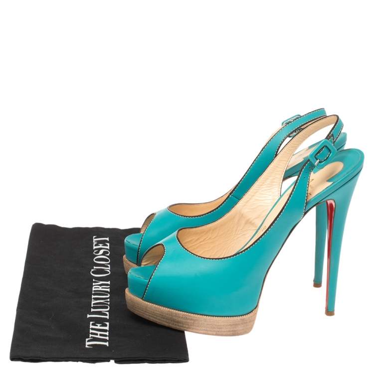 Pre Owned Christian Louboutin Turqouise Leather Peep Toe Platform Slingback Sandals Size 40