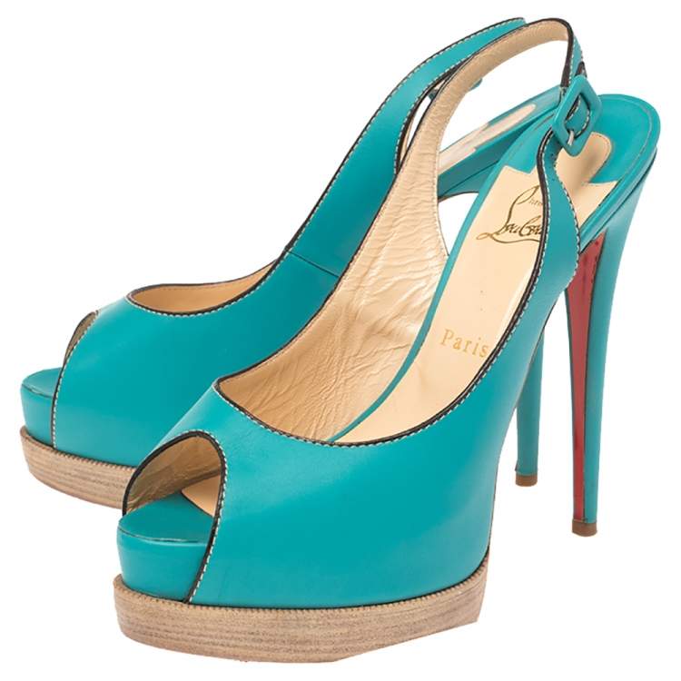Pre Owned Christian Louboutin Turqouise Leather Peep Toe Platform Slingback Sandals Size 40