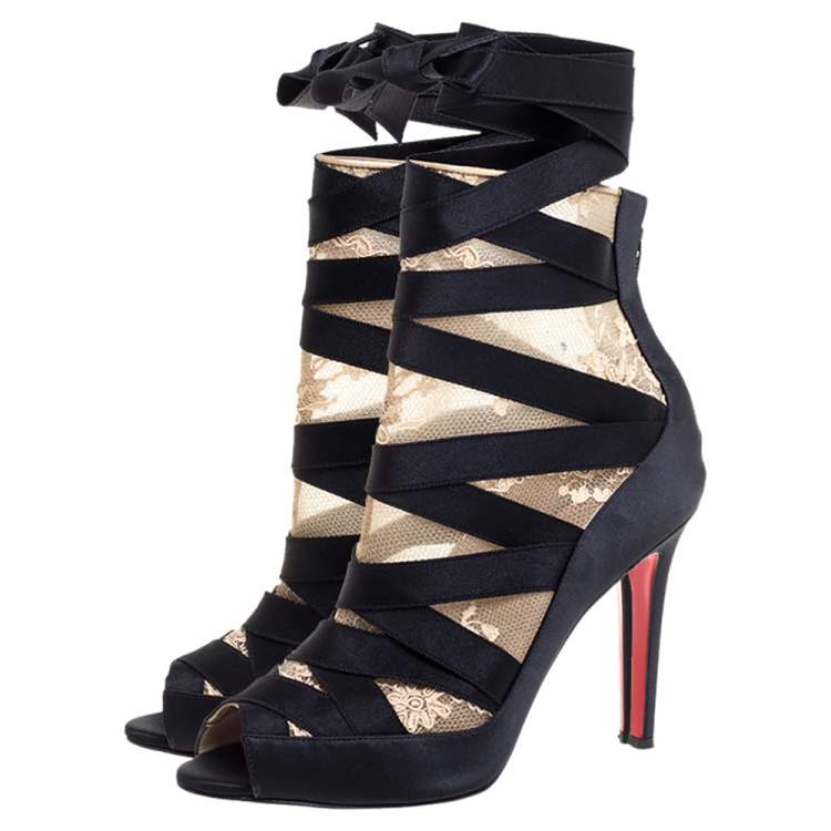 Pre Owned Christian Louboutin Black/Beige Petit Fee Ankle Boots Size 38