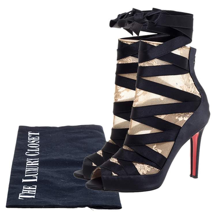 Pre Owned Christian Louboutin Black/Beige Petit Fee Ankle Boots Size 38