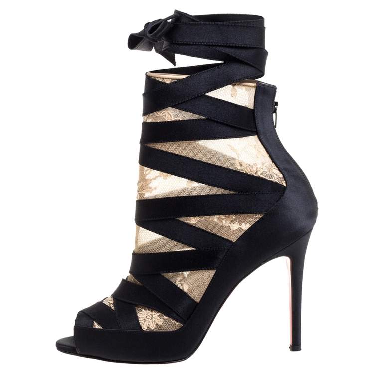 Pre Owned Christian Louboutin Black/Beige Petit Fee Ankle Boots Size 38