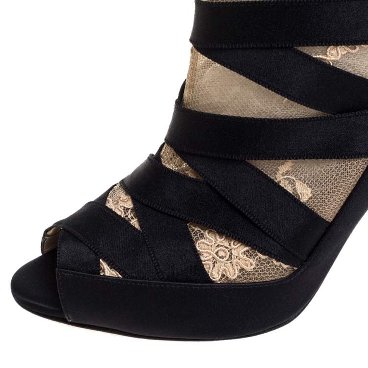Pre Owned Christian Louboutin Black/Beige Petit Fee Ankle Boots Size 38