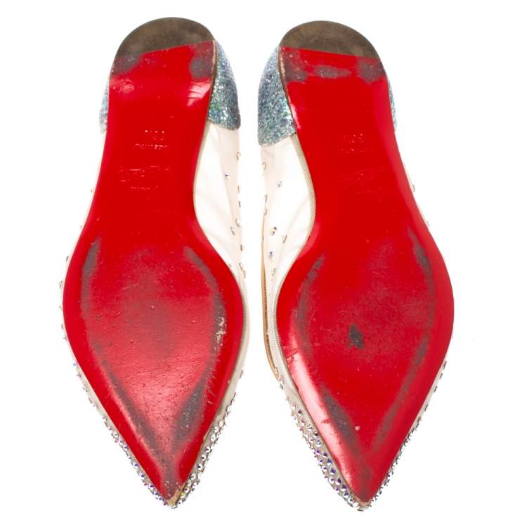 Pre Owned Christian Louboutin Beige Mesh And Lame Fabric Follies Strass Pointed Toe Ballet Flats Size 36.5