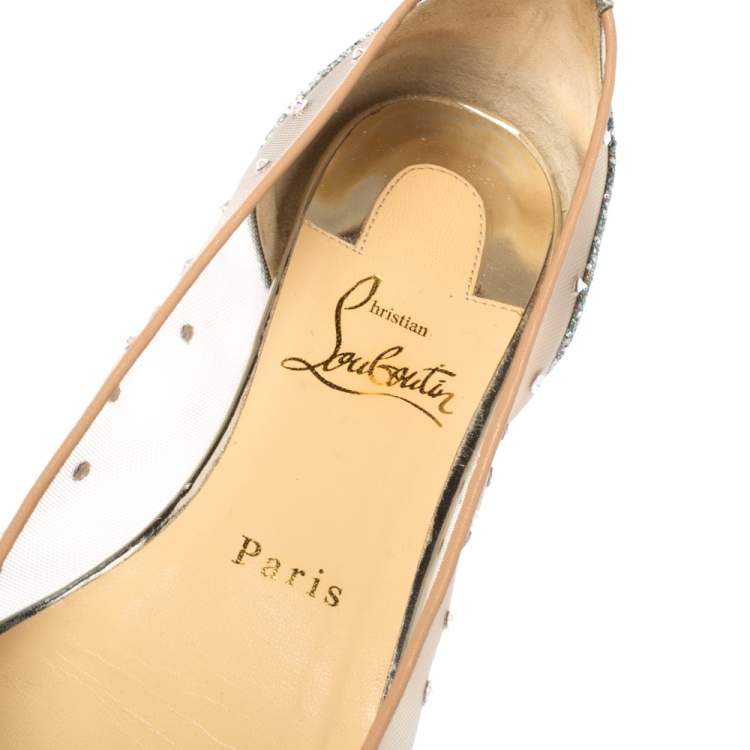 Pre Owned Christian Louboutin Beige Mesh And Lame Fabric Follies Strass Pointed Toe Ballet Flats Size 36.5