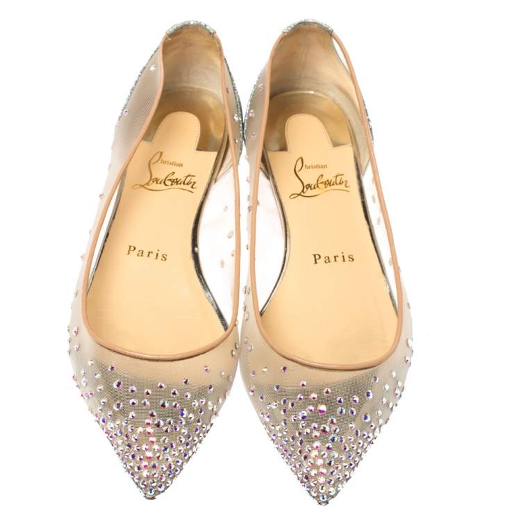 Pre Owned Christian Louboutin Beige Mesh And Lame Fabric Follies Strass Pointed Toe Ballet Flats Size 36.5