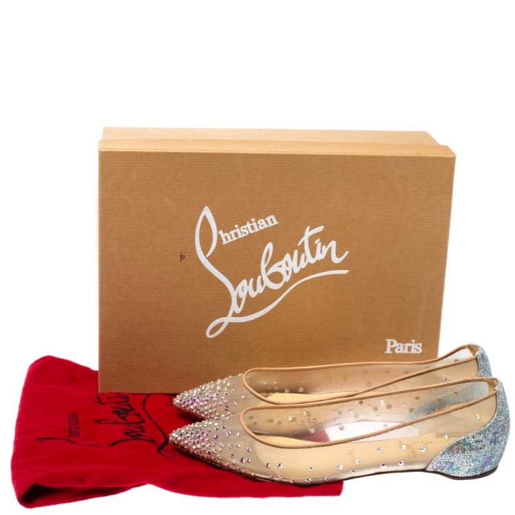 Pre Owned Christian Louboutin Beige Mesh And Lame Fabric Follies Strass Pointed Toe Ballet Flats Size 36.5