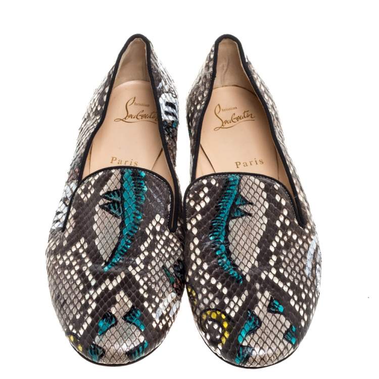 Pre Owned Christian Louboutin Brown Python Smoking Slippers Size 39.5