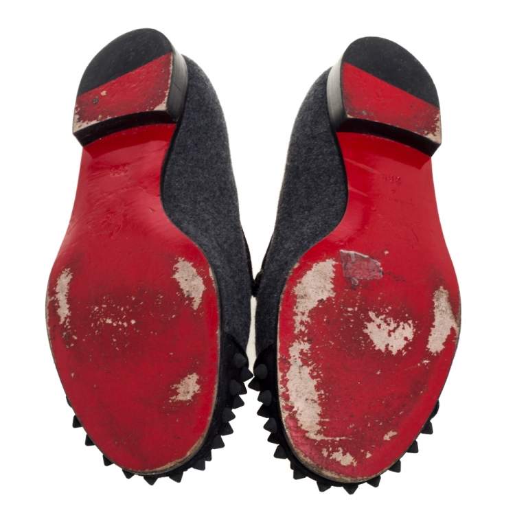Pre Owned Christian Louboutin Grey/Black Wool Blend Harvanana Spiked Cap Toe Smoking Slippers Size 38.5