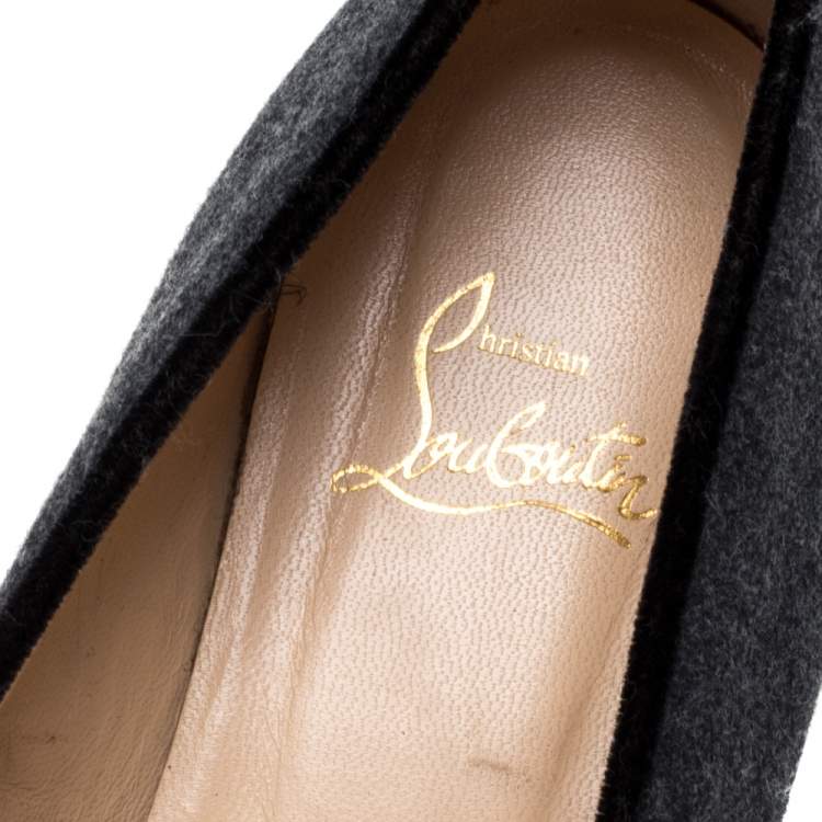 Pre Owned Christian Louboutin Grey/Black Wool Blend Harvanana Spiked Cap Toe Smoking Slippers Size 38.5