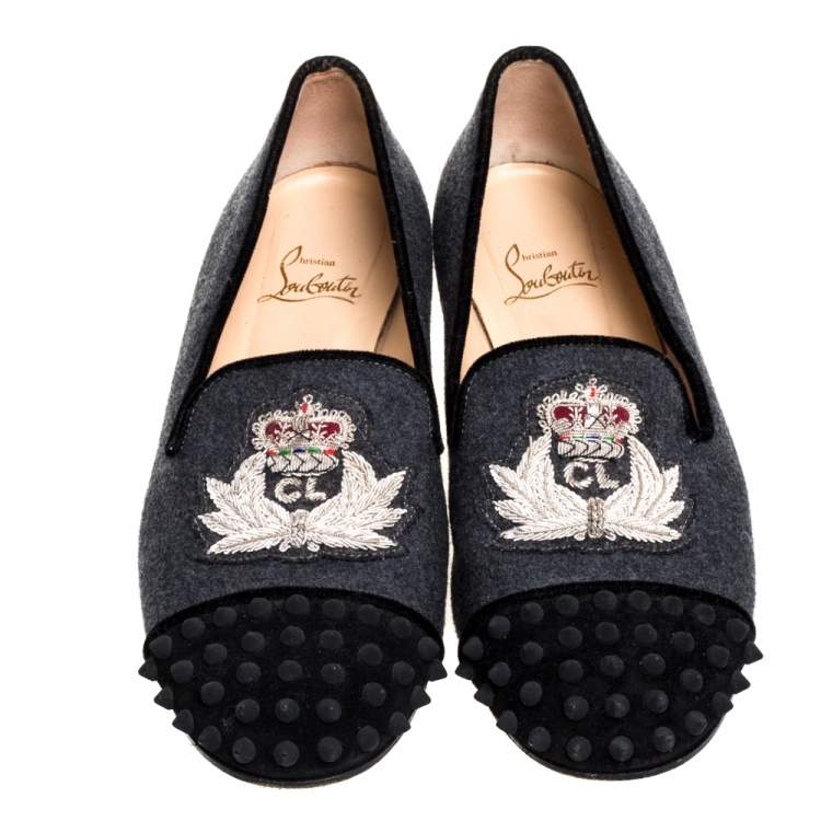 Pre Owned Christian Louboutin Grey/Black Wool Blend Harvanana Spiked Cap Toe Smoking Slippers Size 38.5