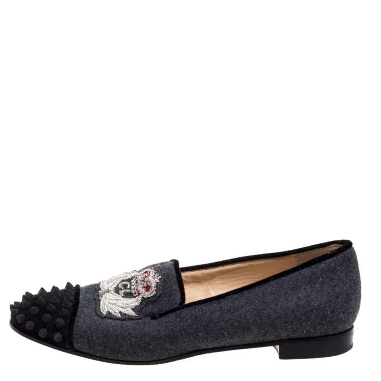 Pre Owned Christian Louboutin Grey/Black Wool Blend Harvanana Spiked Cap Toe Smoking Slippers Size 38.5