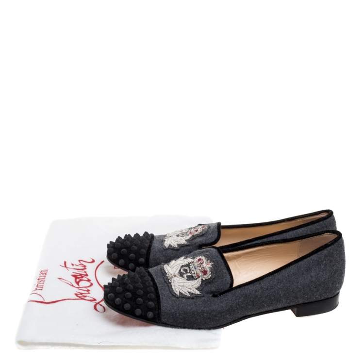 Pre Owned Christian Louboutin Grey/Black Wool Blend Harvanana Spiked Cap Toe Smoking Slippers Size 38.5