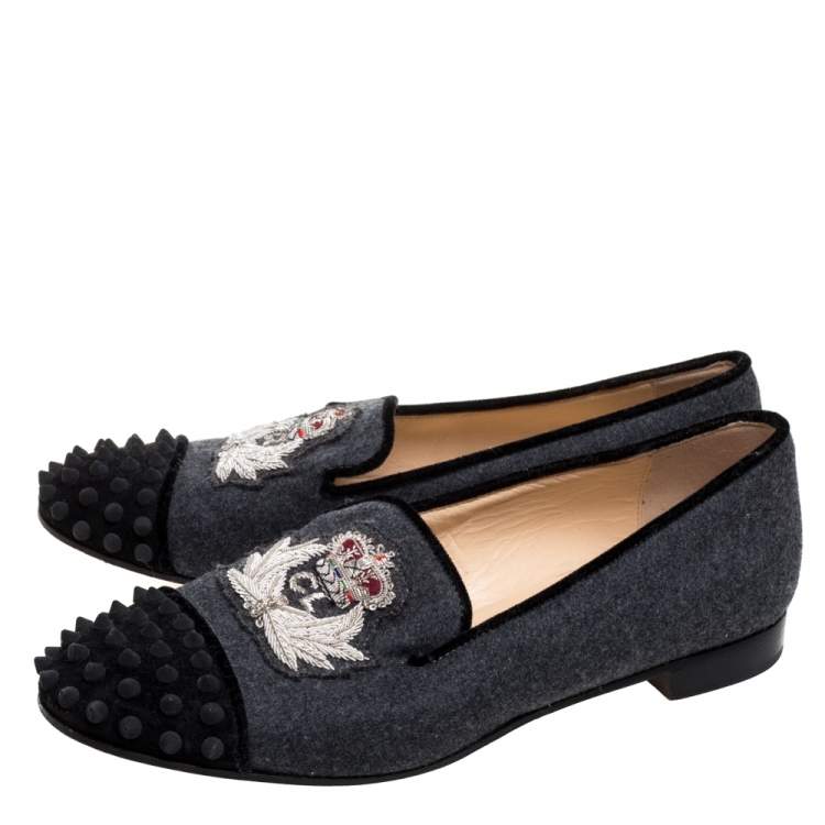 Pre Owned Christian Louboutin Grey/Black Wool Blend Harvanana Spiked Cap Toe Smoking Slippers Size 38.5