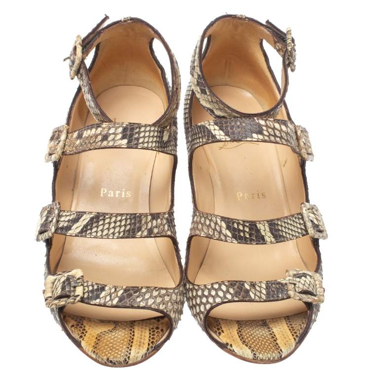 Pre Owned Christian Louboutin Beige Python Caged Buckle Wedge Sandals Size 38
