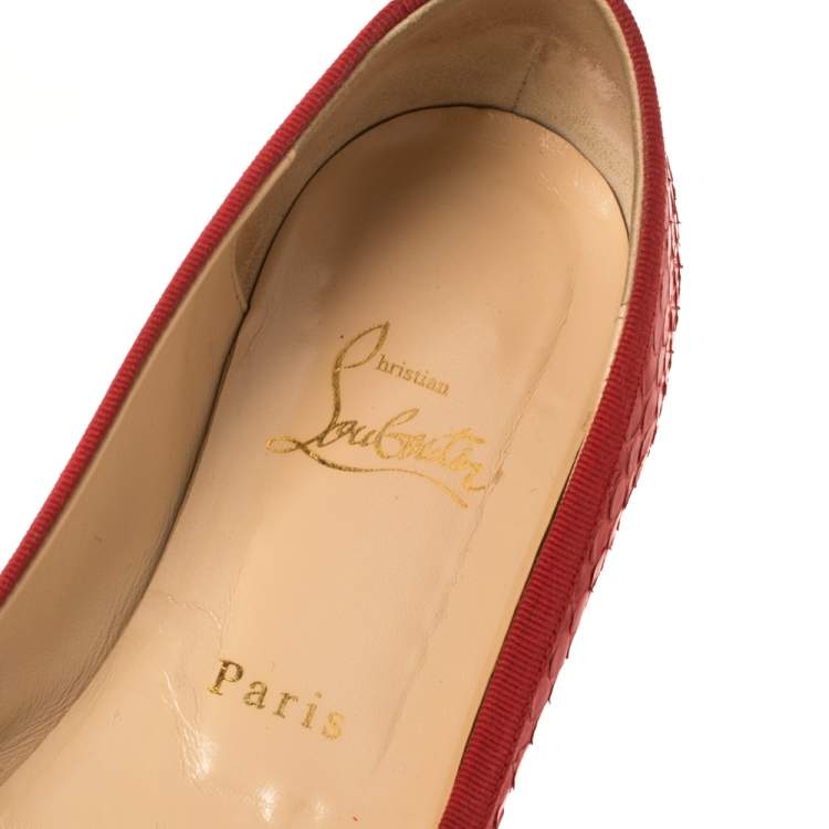 Pre Owned Christian Louboutin Red Python Bow Ballet Flats Size 38