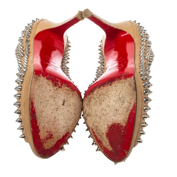 Pre Owned Christian Louboutin Beige Leather Yolanda Spikes Peep Toe Pumps Size 36.5