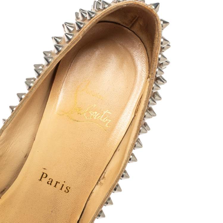 Pre Owned Christian Louboutin Beige Leather Yolanda Spikes Peep Toe Pumps Size 36.5